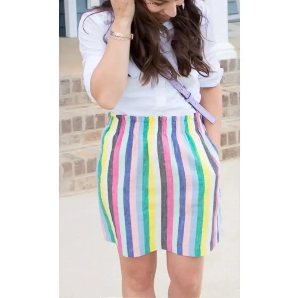 J. Crew Rainbow Stripe Linen Pull-on Knee-Length Skirt Pockets AO793 Size Large - Picture 15 of 15